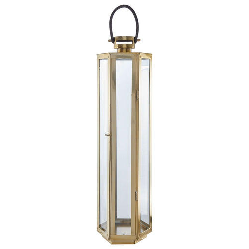 Tall, narrow brushed gold metal and glass lantern.