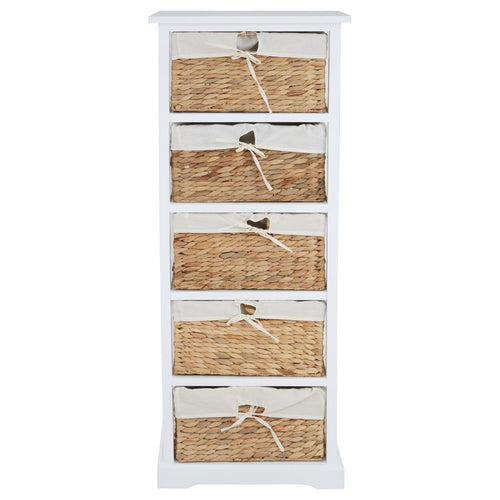 Tall wooden cabinet with five woven baskets.