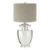 Tall, classic, glass urn shaped table lamp with a round neutral lampshade, a really clean, contemporary feel.