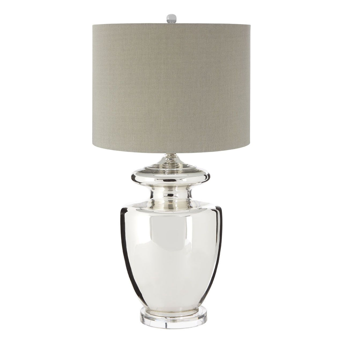 Tall, classic, glass urn shaped table lamp with a round neutral lampshade, a really clean, contemporary feel.