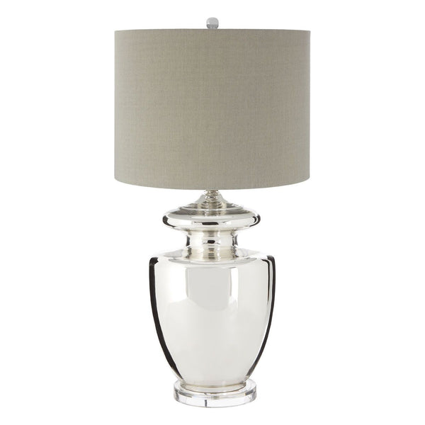 Tall, classic, glass urn shaped table lamp with a round neutral lampshade, a really clean, contemporary feel.