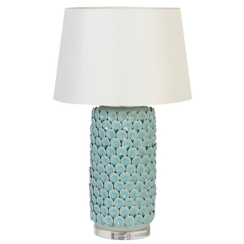 Textured Ceramic LampCeladon coloured ceramic table lamp. Exquisite detail on this beautifully coloured lampbase and the large neutral shade add to the 'wow' factor this will give any interior