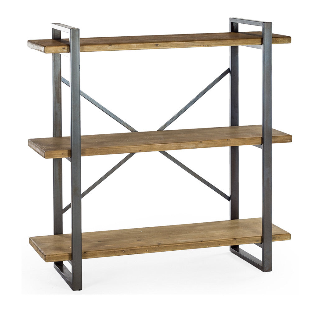 Three tier wooden and metal shelving. A perfect industrial look for a kitchen or living room. Good size for any room, the wide wooden shelves will hold the tallest and widest of decorative items.