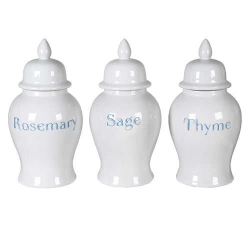 3 white ceramic herb jars with  Rosemary, Sage and Thyme in pale vintage font.  H: 37 cm D: 19 cm