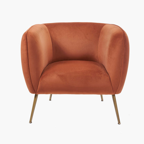 Upholstered armchair in a Tobacco coloured velvet with gold legs.  H: 71 cm W: 79 cm D: 71 cm