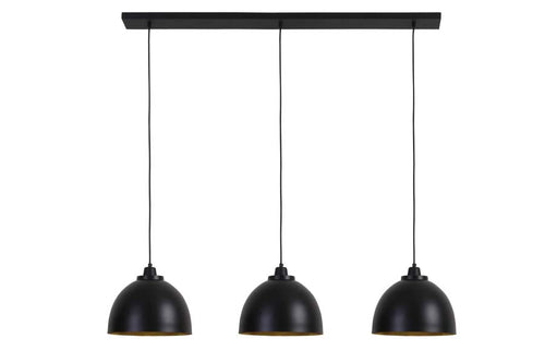 Great kitchen island or over dining table light, 3 black metal pendants with gilt inner on a black plate. Totally adjustable height a very contemporary but warm feel.