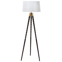 A stunning tripod base with a wooden spindle design to the base.&nbsp; This lamp has a superb design element making it exceptionally stylish.&nbsp; Elegant twisted slender tapered legs with a stunning brass finish elevates this floor lamp to a totally different dimension.   H: 160 cm Dia: 52 cm   Weight: 4.4 Kg  Requires 1x E27 Edison screw bulb.