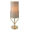 A really stylish tubular linen shade set in a brushed brass metal stand, this lamp would add warmth and glamour to any table.