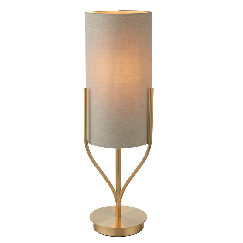 A really stylish tubular linen shade set in a brushed brass metal stand, this lamp would add warmth and glamour to any table.