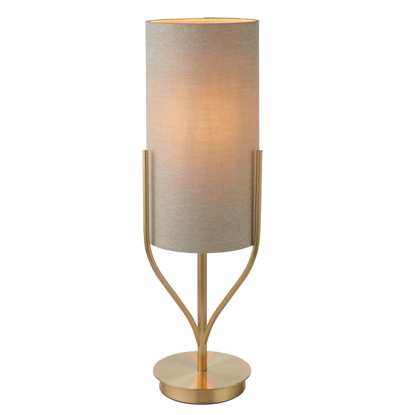 A really stylish tubular linen shade set in a brushed brass metal stand, this lamp would add warmth and glamour to any table.