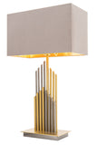 A sleek, dual metal, steel and gilt tubular table lamp with large grey rectangular shade.