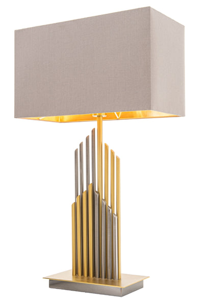 A sleek, dual metal, steel and gilt tubular table lamp with large grey rectangular shade.