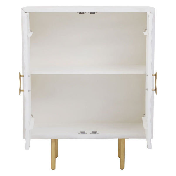  Two door mango wood cabinet in a white finish. Two Deep shelves and glamour on 2 gold finish legs and half moon handles.