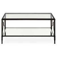  This classic yet contemporary coffee table has a rectangular black metal frame supporting a two tier glass shelves with a cross design. This classic yet contemporary coffee table has a rectangular black metal frame with a cross design supporting two tier glass shelves.