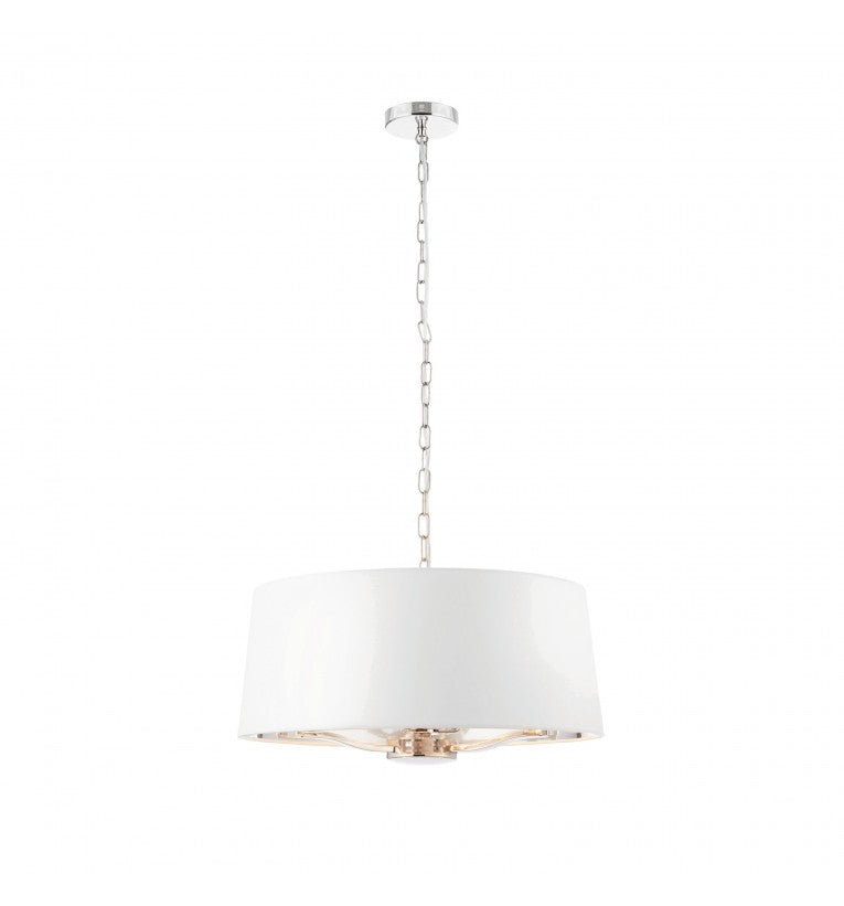 White shaded ceiling light with nickel frame and bulb holders. A clean, subtle, neutral light offering a soft glow to a bedroom, living room. The combination of cream shade and nickel frame create a modern sophisticated feel.