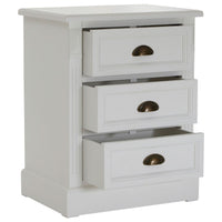 A compact 3 drawer, white finish bedside table with metal cup handles.  Almost a chest of drawers this versatile piece of furniture offers great storage in your bedroom.