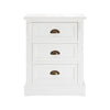 A compact 3 drawer, white finish bedside table with metal cup handles.  Almost a chest of drawers this versatile piece of furniture offers great storage in your bedroom.