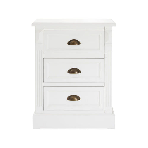 A compact 3 drawer, white finish bedside table with metal cup handles.  Almost a chest of drawers this versatile piece of furniture offers great storage in your bedroom.