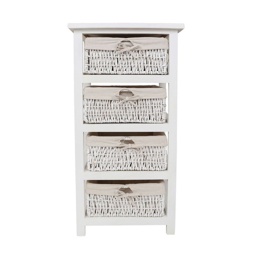 White wood cabinet with four woven baskets.