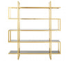 Beautifully designed gilt metal shelving unit, tall and wide with 5 black tempered glass shelves.