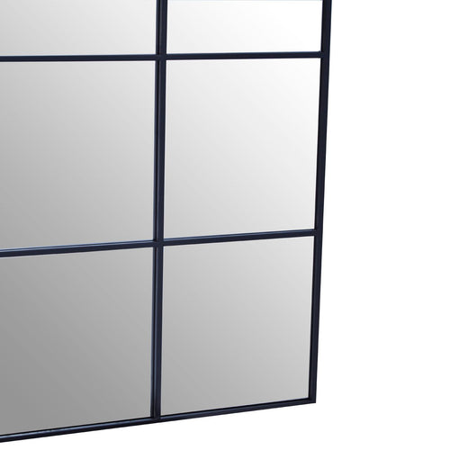 Nine pane black metal window mirror with clear glass, perfect to add to space and light inside or in the garden.