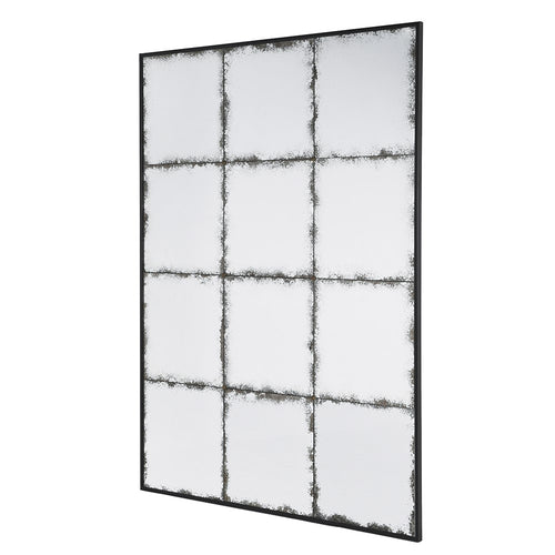 Very large, heavily distressed glass in a 12 pane window mirror. Industrial mirror with a very distressed mirrored panes set in a black metal frame.