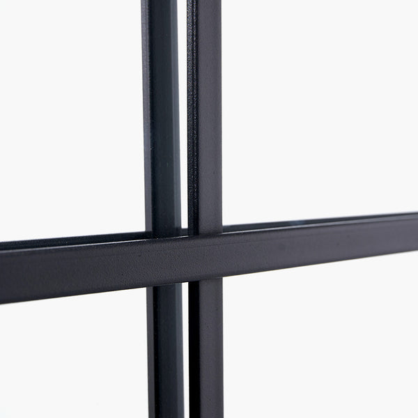 Exceptionally tall window mirror, black metal with 12 panes.  Suitable for indoor or outdoor use.  