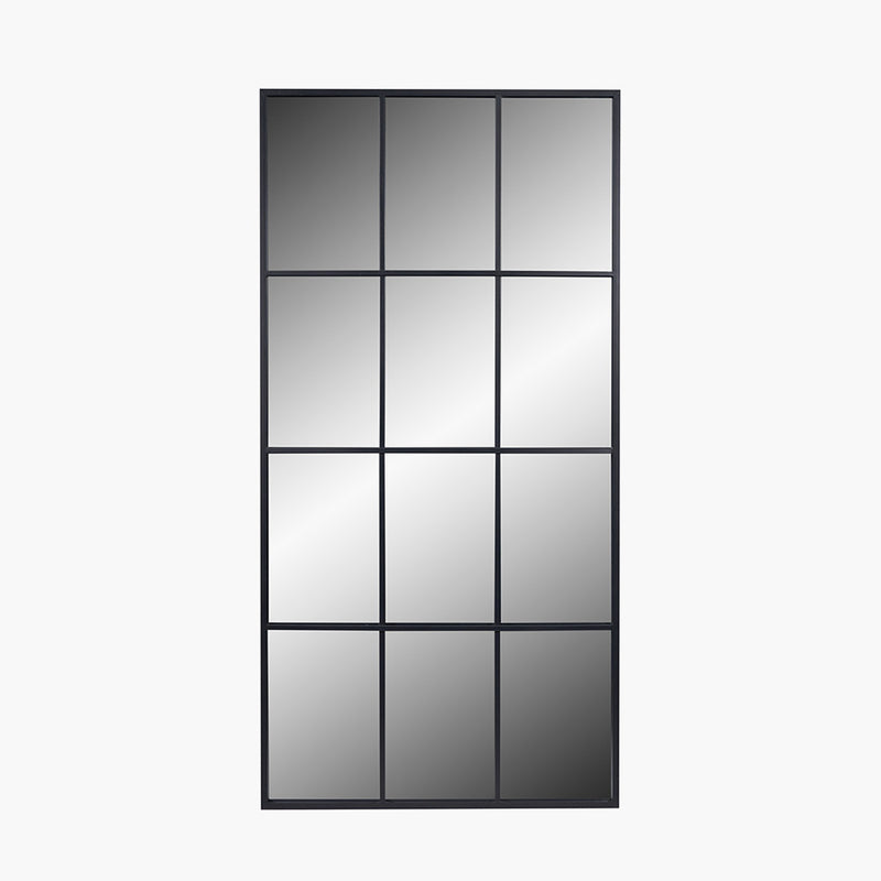 Exceptionally tall window mirror, black metal with 12 panes.  Suitable for indoor or outdoor use.  