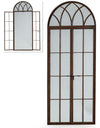 Window mirror in an antiqued bronze finish, traditional arched shape and opening latch door giving an even deeper perspective to any wall.