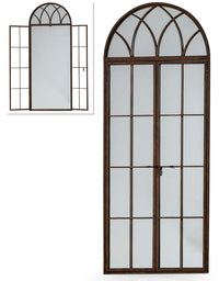 Window mirror in an antiqued bronze finish, traditional arched shape and opening latch door giving an even deeper perspective to any wall.