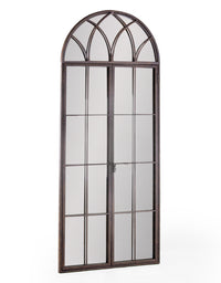 Window mirror in an antiqued bronze finish, traditional arched shape and opening latch door giving an even deeper perspective to any wall.