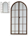 Window mirror in the form of an arched door with an opening latch in an antiqued bronze finish.