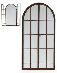 Window mirror in the form of an arched door with an opening latch in an antiqued bronze finish.