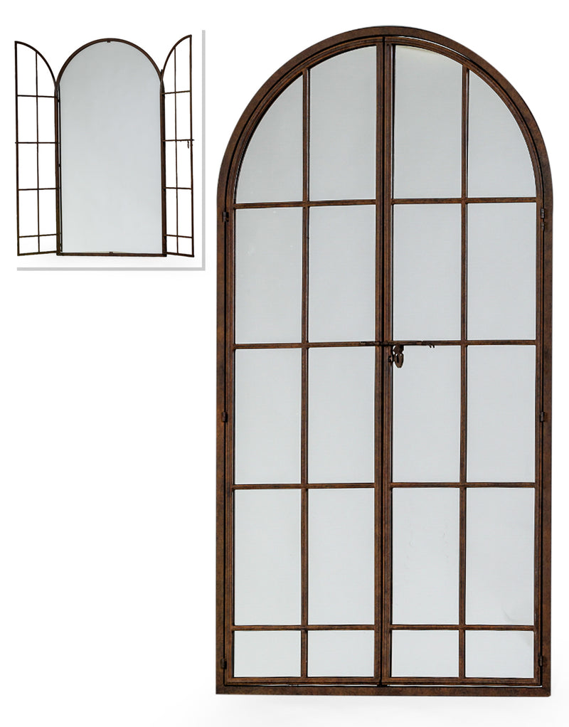 Window mirror in the form of an arched door with an opening latch in an antiqued bronze finish.