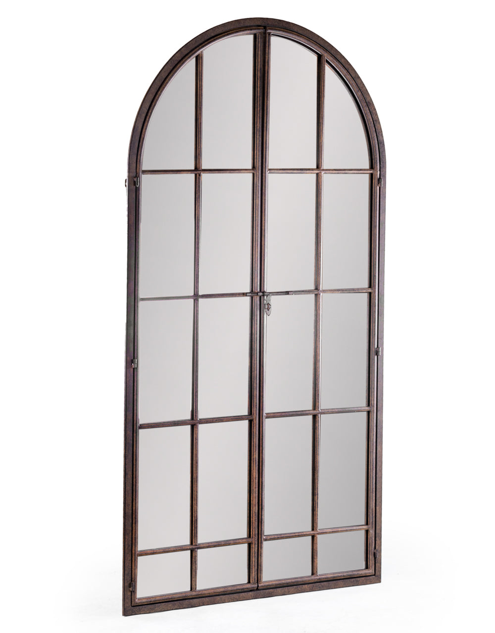 Window mirror in the form of an arched door with an opening latch in an antiqued bronze finish.