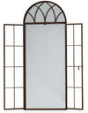 Window mirror in an antiqued bronze finish, traditional arched shape and opening latch door giving an even deeper perspective to any wall.