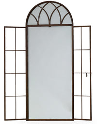 Window mirror in an antiqued bronze finish, traditional arched shape and opening latch door giving an even deeper perspective to any wall.