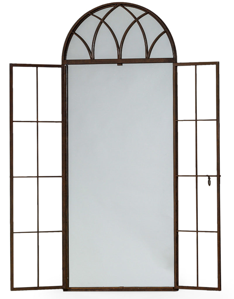 Window mirror in an antiqued bronze finish, traditional arched shape and opening latch door giving an even deeper perspective to any wall.
