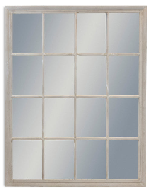 Window mirror in a rectangular shape, limewashed finish with 16 panes, window mirrors fool the eye to add, not only, light but space to any room. Perfect for a small hall or conservatory wall.