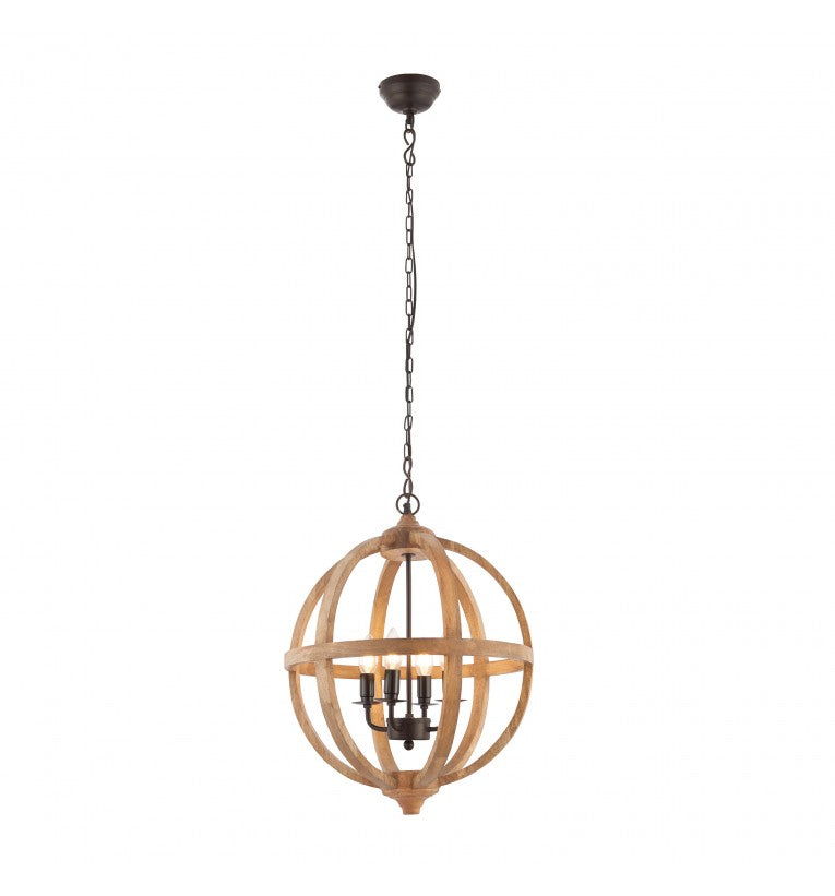 Large wooden globe chandelier with three bulb holders.&nbsp A great stairwell, or hall light with an industrial twist.&nbsp; This rustic light would look just as good in a kitchen or over a dining room table, A real statement light.