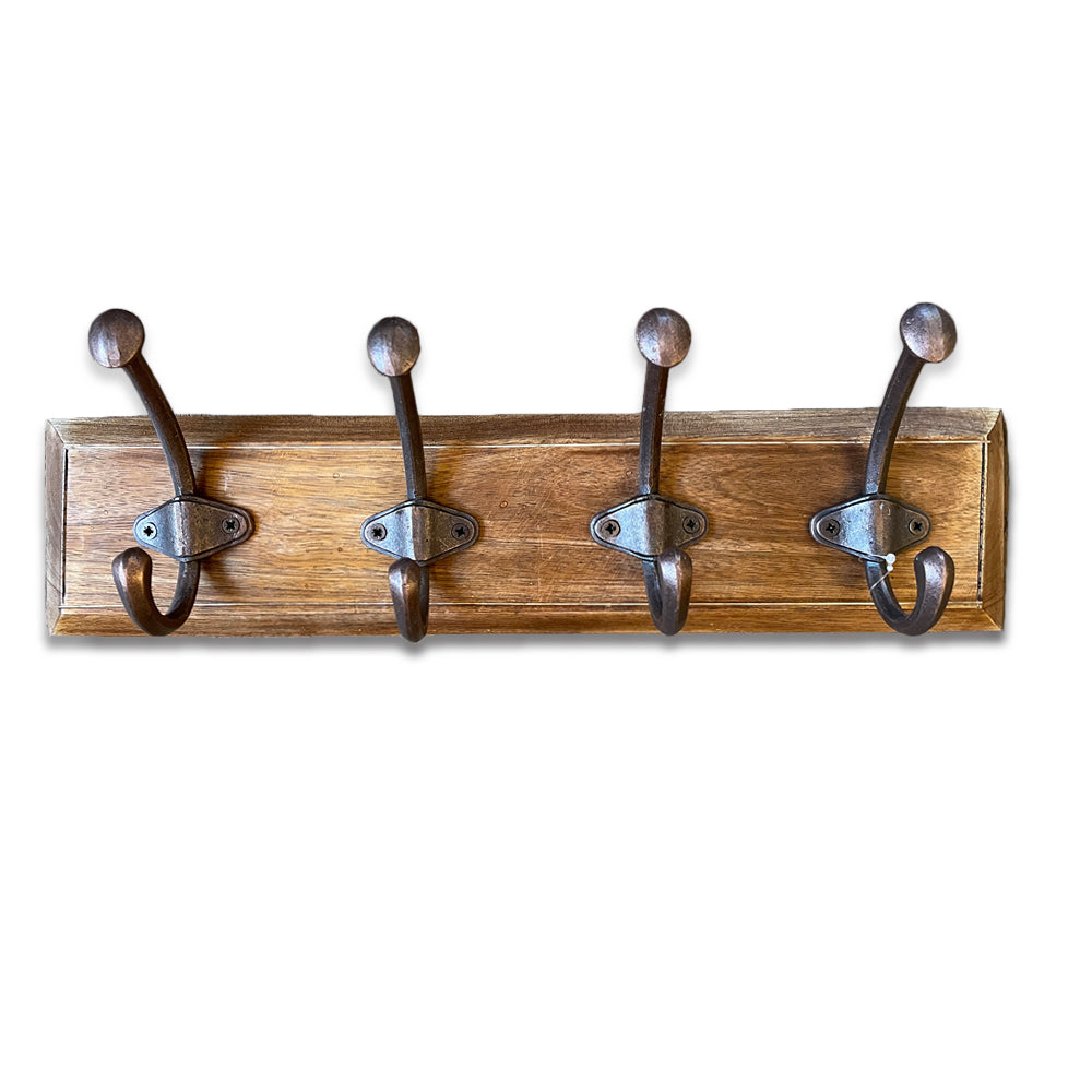 Bring practical storage to your hallway, entryway or bedroom with this rustic wooden wall-mounted coat rack. Crafted from solid wood and fitted with four durable black metal double hooks, it offers ample space for coats, jackets, hats, scarves, bags, and everyday essentials.