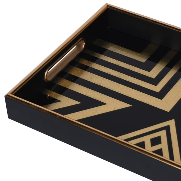 Inset handle detail on black and gold Art Deco tray