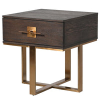 Beautifully designed bedside table in an ash veneer with antique gold accents. A great side table with a contemporary aesthetic, would work well as an occasional table in your living room 