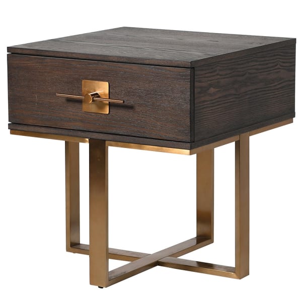Beautifully designed bedside table in an ash veneer with antique gold accents. A great side table with a contemporary aesthetic, would work well as an occasional table in your living room 
