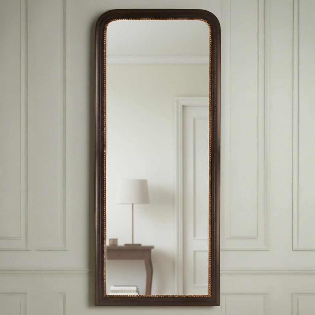 Black painted mirror with gold beaded inset. To lean or hang on a wall, this full length mirror is perfect in a hall, bedroom in any room. 