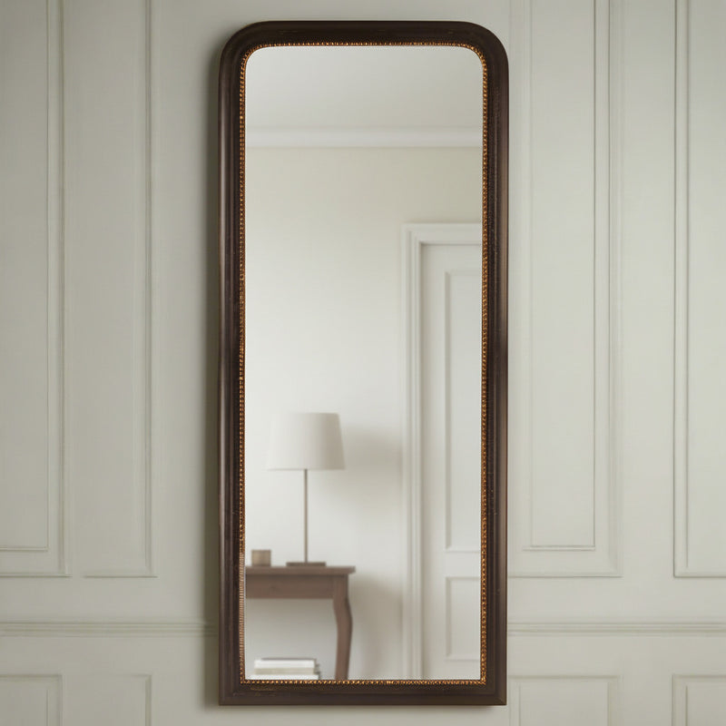 Black painted mirror with gold beaded inset. To lean or hang on a wall, this full length mirror is perfect in a hall, bedroom in any room. 
