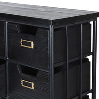 Black wood and metal industrial style 18 drawer chest. Exceptionally useful chest of drawers, perfect for the urban office. Close up of the corner of the wooden drawers and metal frame.