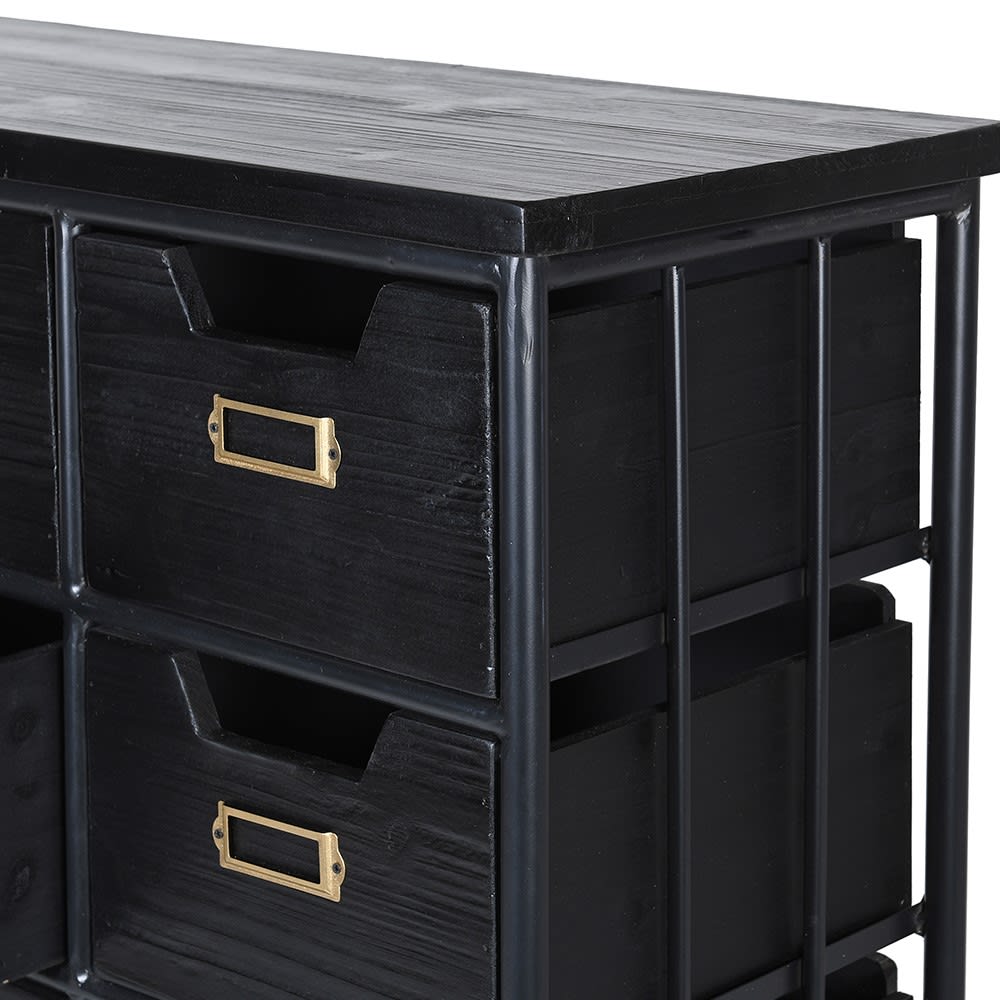 Black wood and metal industrial style 18 drawer chest. Exceptionally useful chest of drawers, perfect for the urban office. Close up of the corner of the wooden drawers and metal frame.