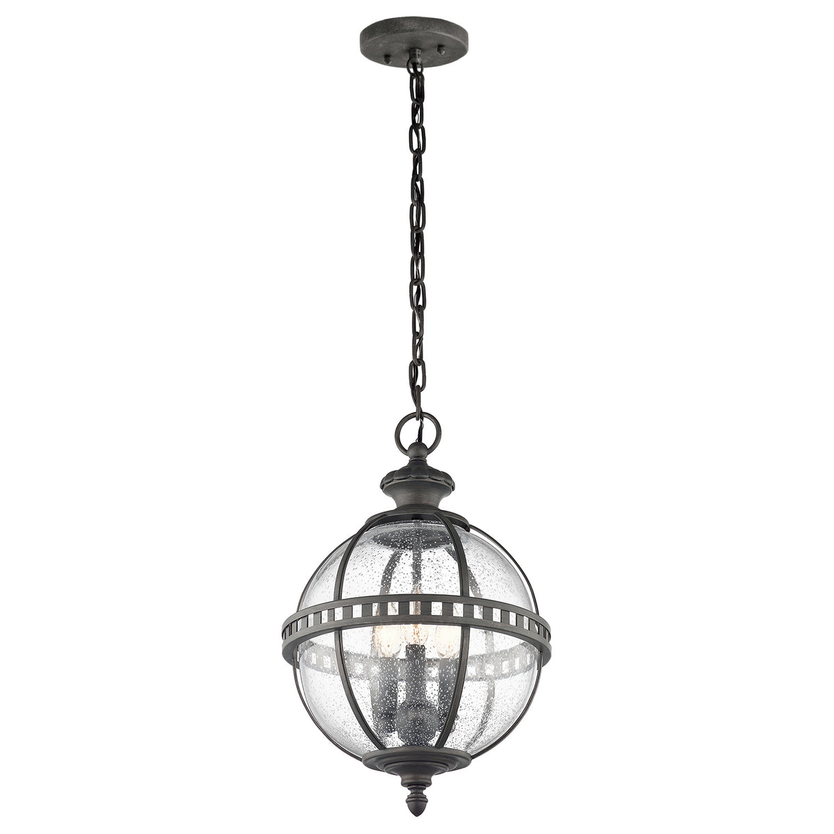 Outdoor black globe pendant light with clear seeded glass and classic lantern-style metal frame, IP44 rated for elegant exterior lighting.