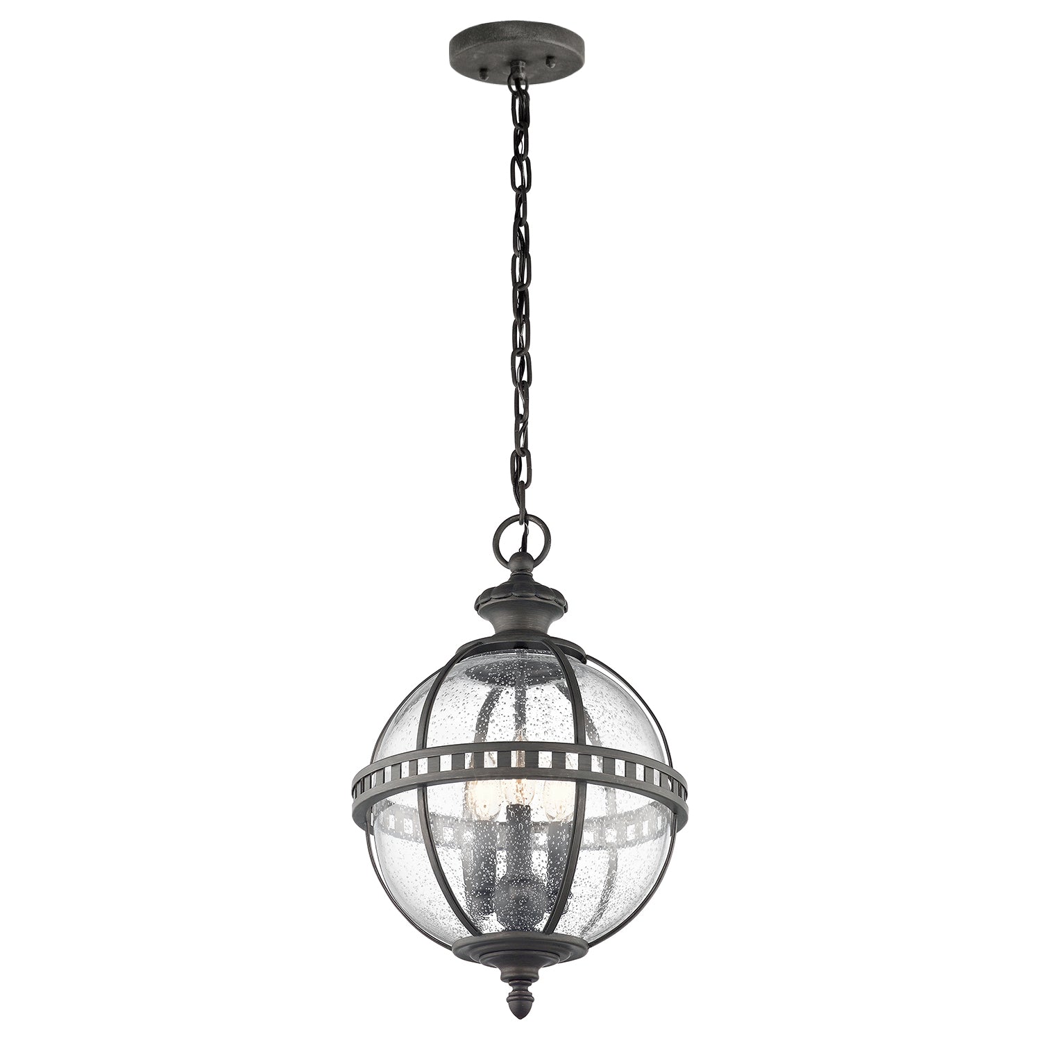 Outdoor black globe pendant light with clear seeded glass and classic lantern-style metal frame, IP44 rated for elegant exterior lighting.